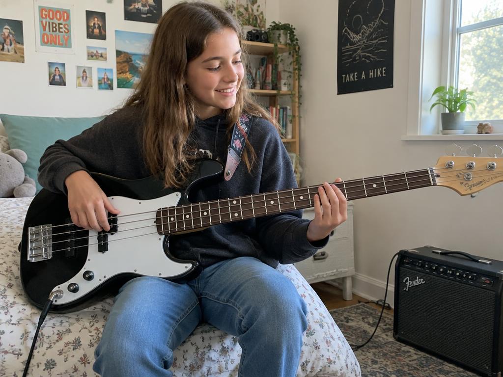 Girl playing electric bass guitar with an amp in her room