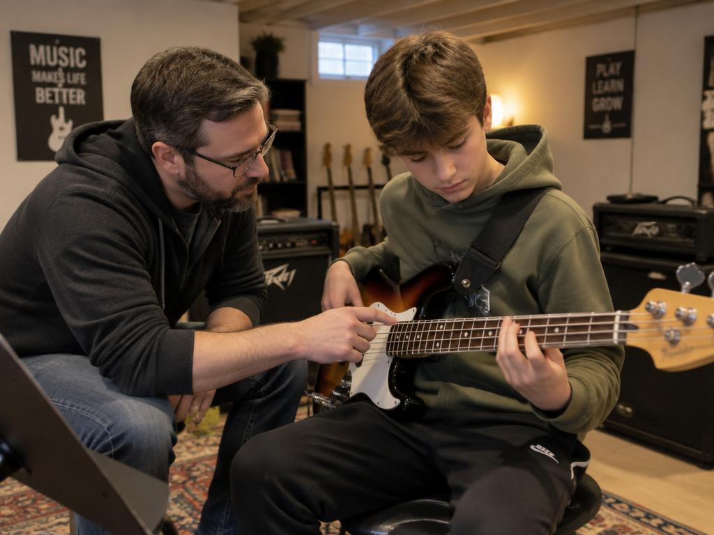Music teacher helping a teenage boy play electric bass