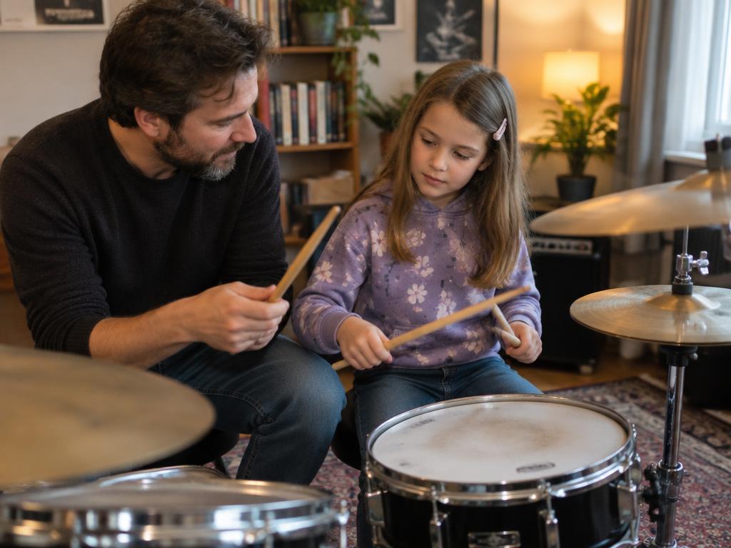 Drum teacher showing a young girl how to hold drumsticks