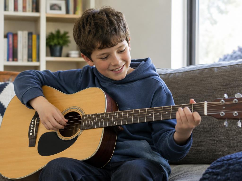 Boy playing acoustic guitar on the couch at home