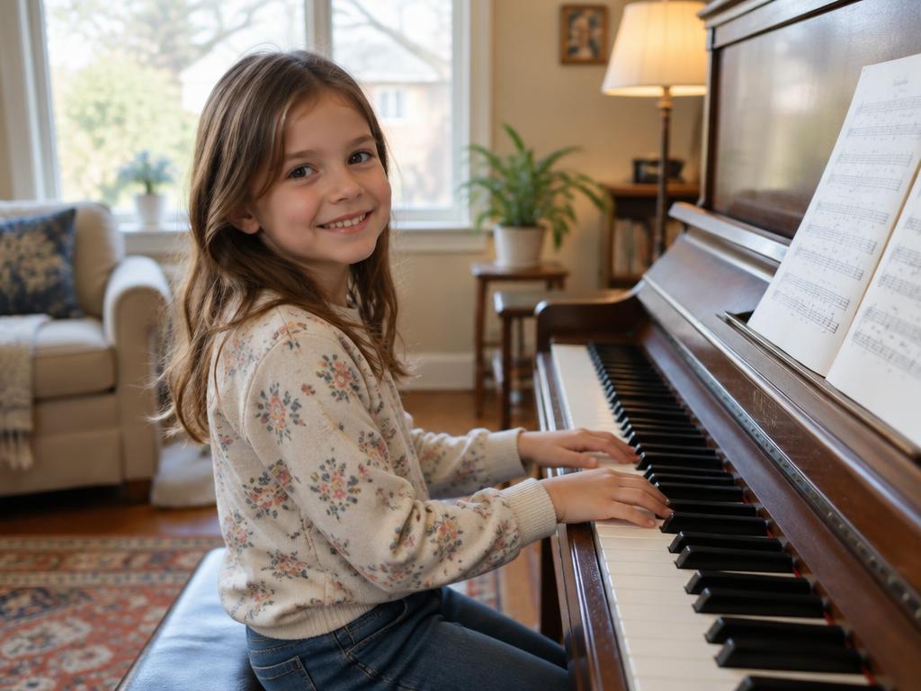 Smiling girl playing an upright piano at home