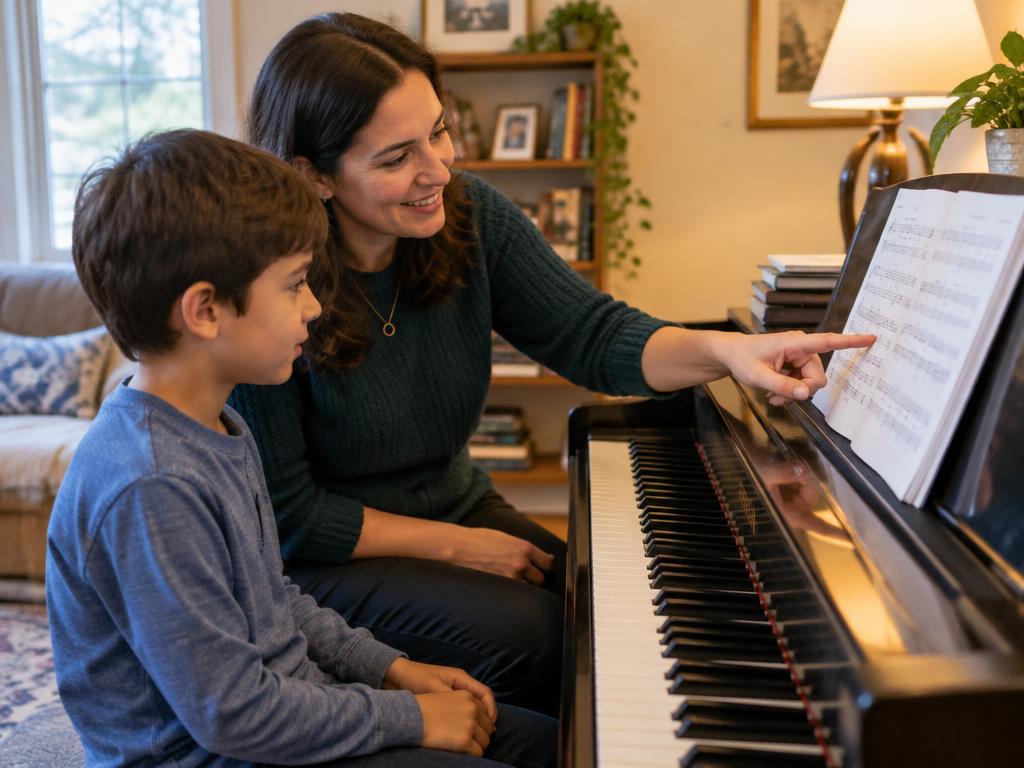 Piano teacher pointing at sheet music beside a young boy at the piano