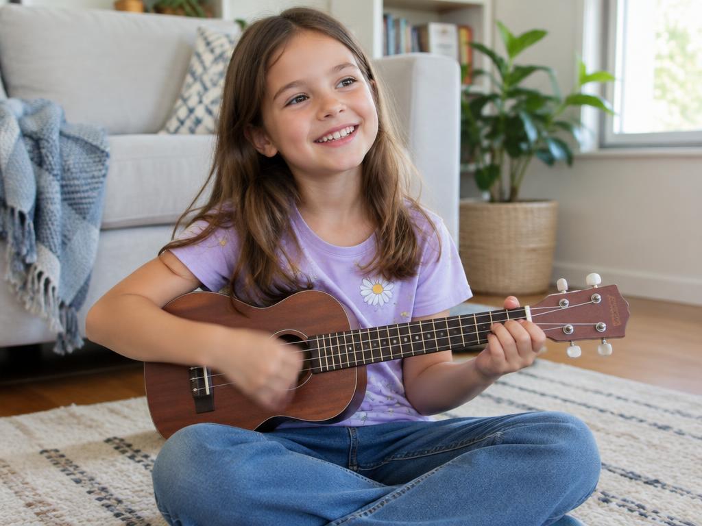 Girl strumming a ukulele sitting on a rug at home